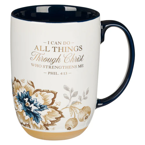 Tasse - I can do all things - dunkelblau, Blumen, 444ml