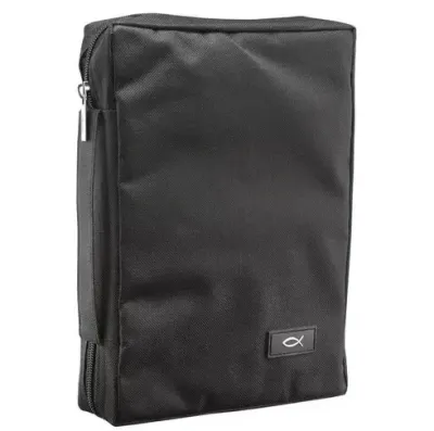 Bibelhülle Ichtus M - schwarz, mit Reissverschluss, Seitentasche und Tragehenkel