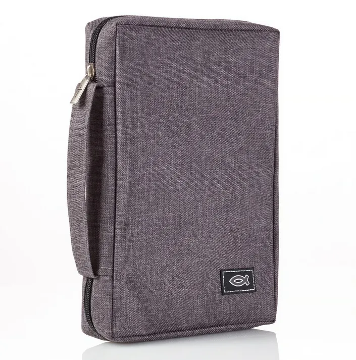 Bibelhülle Ichtus S - grau, mit Reissverschluss, Seitentasche und Tragehenkel