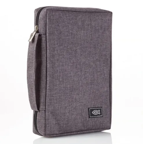 Bibelhülle Ichtus S - grau, mit Reissverschluss, Seitentasche und Tragehenkel