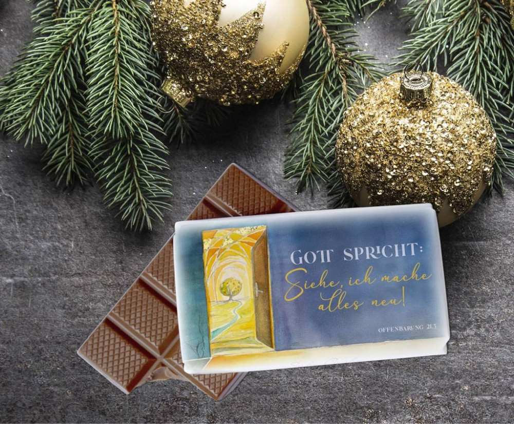 Schokolade Jahreslosung 2026 - Offenbarung 21:5 Gott spricht: Siehe, ich mache alles neu.