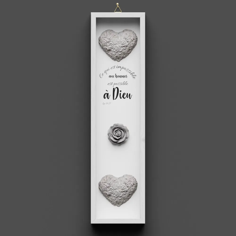 Cadre en bois, "Ce qui est impossible…" Luc 18.27 - Vertical, avec cœurs et rose en béton