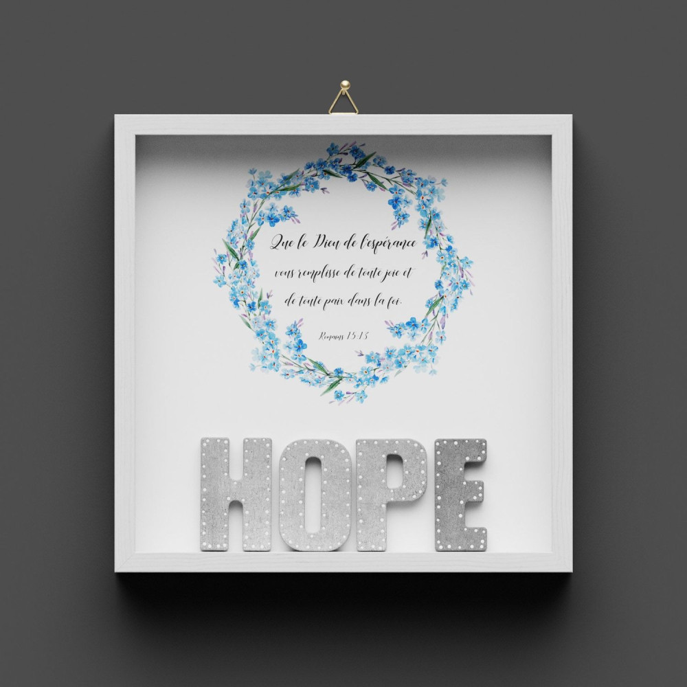 Cadre en bois HOPE - lettres ciment décor points blancs, cadre peint en blanc, avec crochet