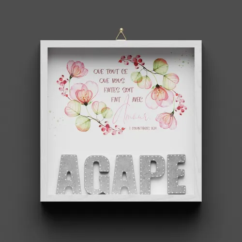 Cadre en bois "AGAPE" fleur - 1. Corinthiens 16.14