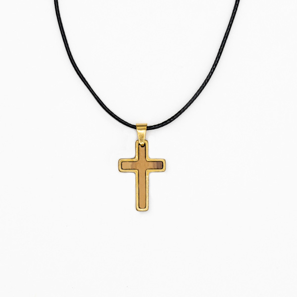 Halskette Kreuz - Olivenholz, goldig, gewachste Schnur