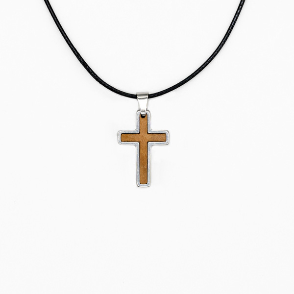 Halskette Kreuz - Olivenholz, silber, gewachste Schnur