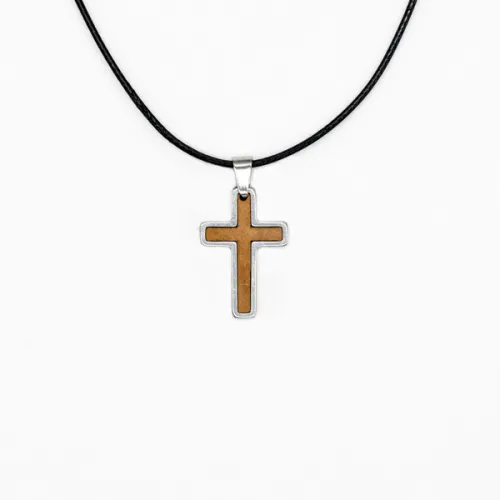 Halskette Kreuz - Olivenholz, silber, gewachste Schnur
