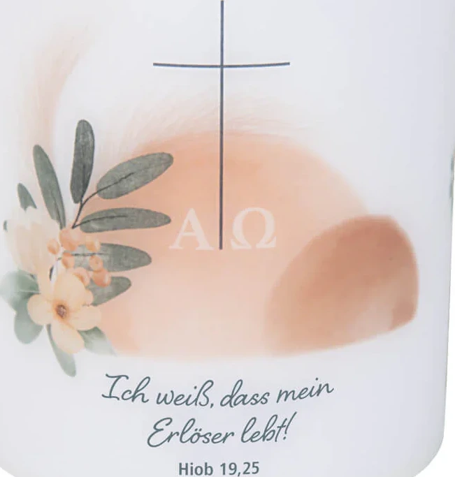 Ich weiß, das mein Erlöser lebt - Wachskerze Windlicht (Ostern) - Höhe: 10,5 cm. Durchmesser: 9 cm