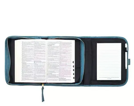 Bibelhülle M mit Notizblock und Stift - Glaube - blau Blumen