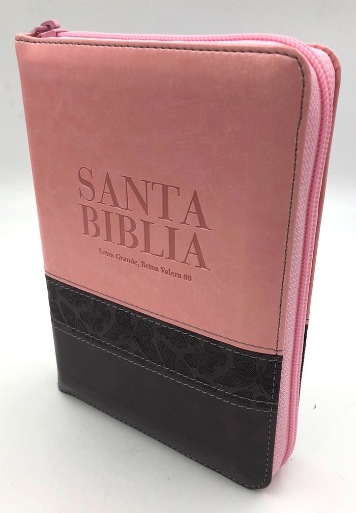 Espagnol, Bible RVR1960, compact, similicuir duo rose/marron, onglets, avec zip