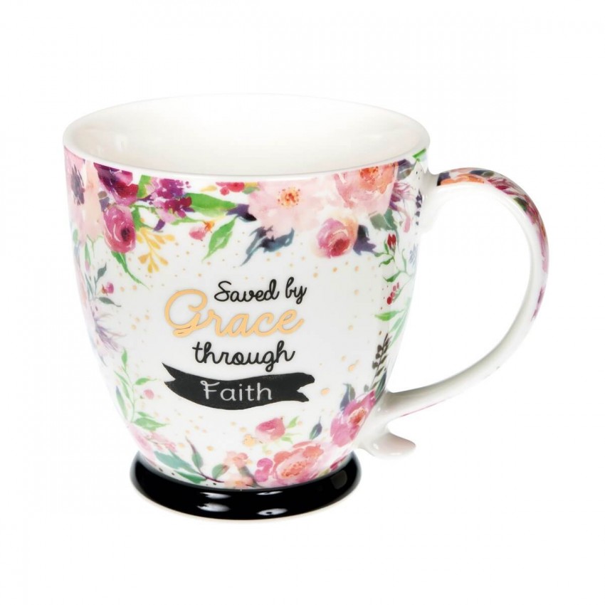 Tasse - Saved by Grace through Faith - weiss, Blumen, 380ml