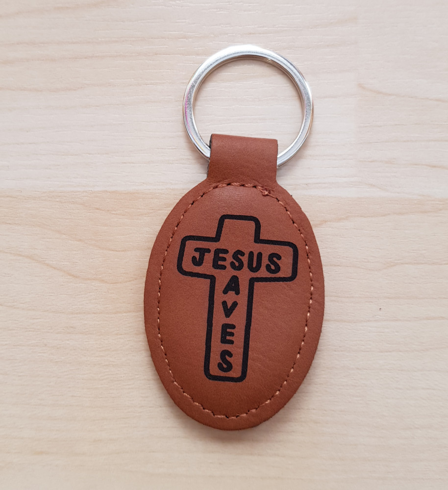Schlüsselanhänger, "Jesus Saves" - bronze, Kunstleder, mit Kreuz-Gravur